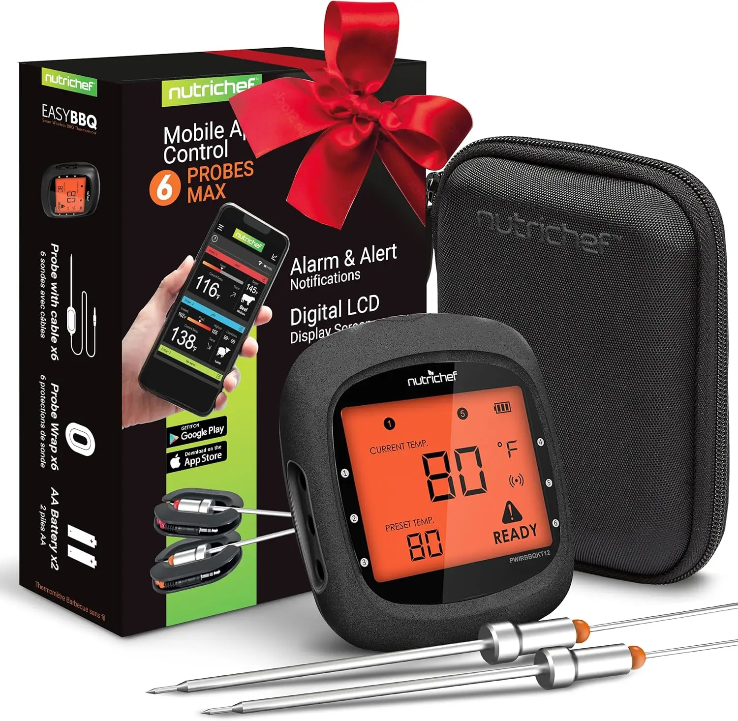 

Smart Bluetooth BBQ Thermometer with Travel Case, 2 Probes, LCD Display, Alarm for Android iPhone