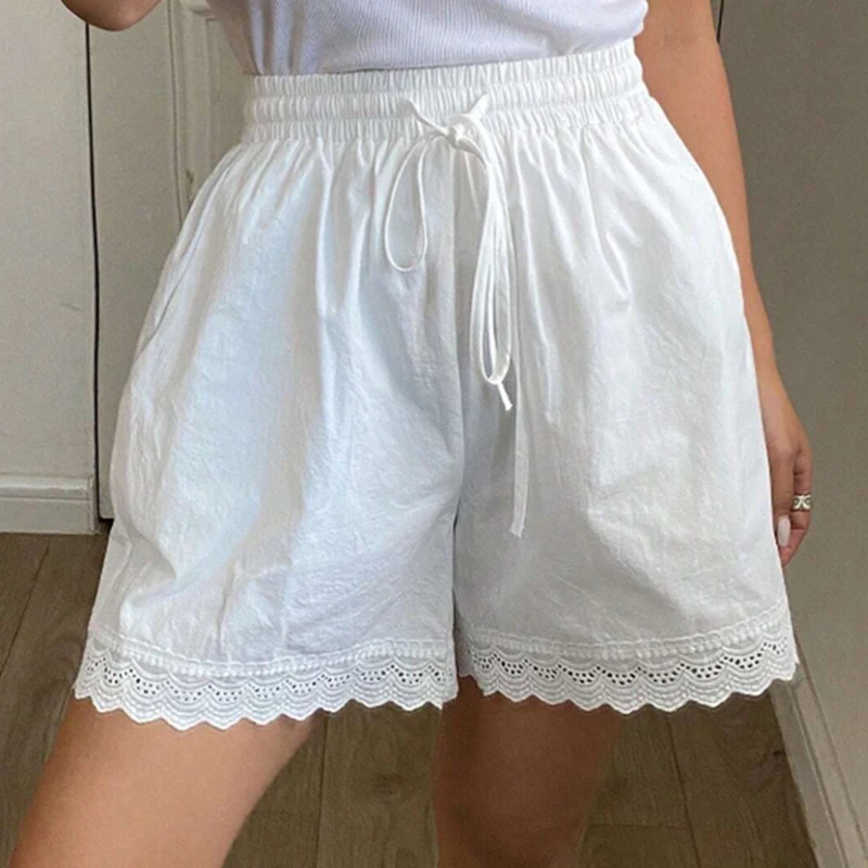 Pantalones cortos holgados con dobladillo con ojales, pantalones cortos informales de cintura alta elásticos para mujer, ropa de dormir de verano, pantalones cortos Vintage de los años 90, pijamas
