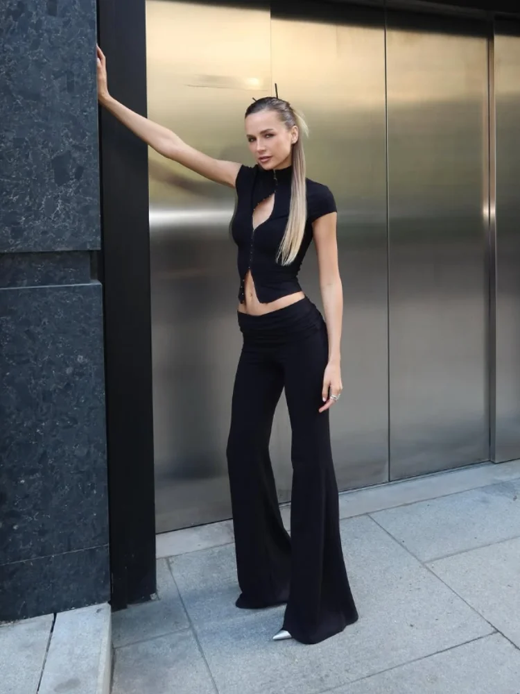 أزياء قصيرة الأكمام السراويل مجموعة المرأة شيك ضيق سستة البنطال القصير مستقيم الساق منخفضة الخصر السراويل سيدة تخفيف عارضة الشارع الشهير