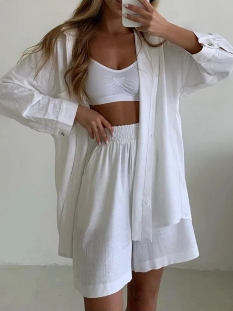 Spring Fashion Casual Short Set Women Tracksuit Wear Loose Long Shirt Top And High Waist Shorts Two Piece Sets Summer Outfits