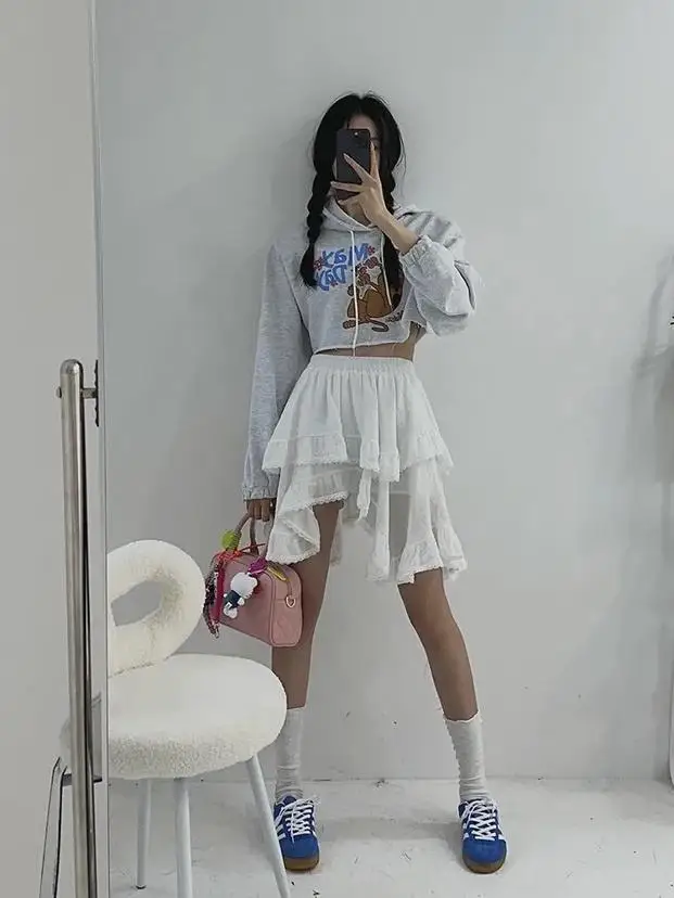 Falda acampanada con encaje Irregular para mujer, cintura elástica, adelgazante, plisada, antienvejecimiento, versátil, para pastel, Faionable