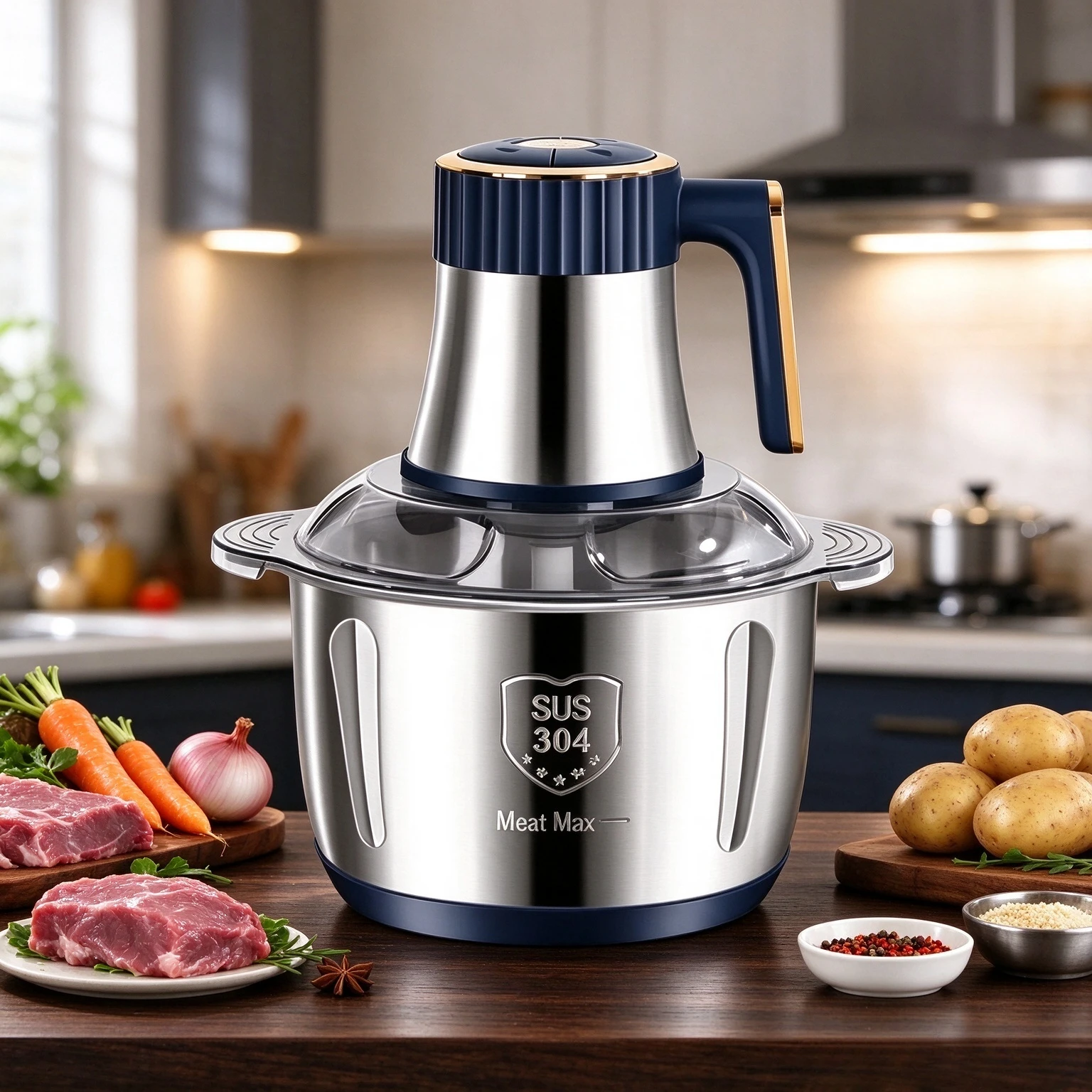 5L Large Capacity Electric Kitchen Chopper EU Plug Stainless Steel Bowl, Multifunctional Meat Grinder & Food Processor