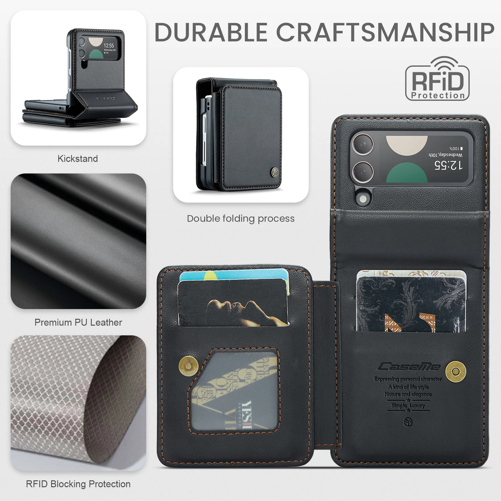 For Samsung Galaxy Z Flip 4 Wallet Phone Case with Card Pocket Kickstand Flip PU Leather Covers