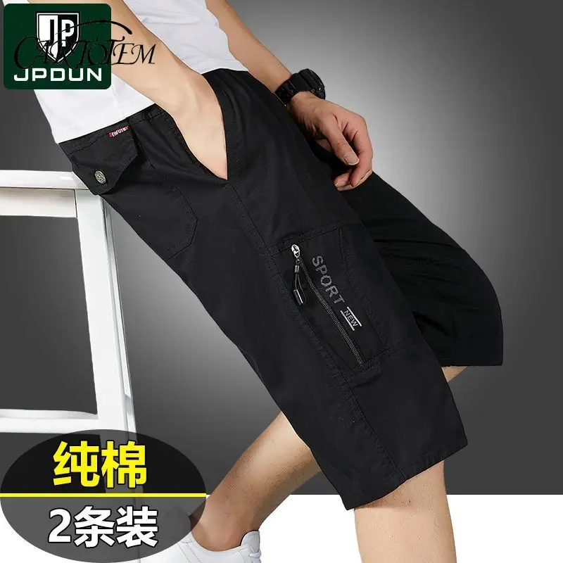 

Pure Cotton Cropped Pants Men's Summer Thin Casual Mid-trousers Loose Straight Multi-pocket Work Pants