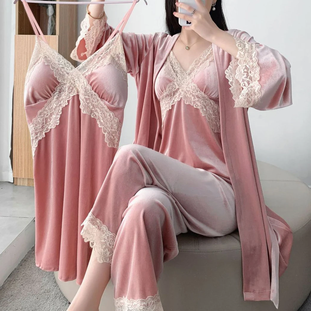 New Autumn Velvet 3PCS Pajamas Set Sleepwear Sexy Lace Trim Bath Robe Nightgown Loose Casual Velour Home Clothes Loungewear