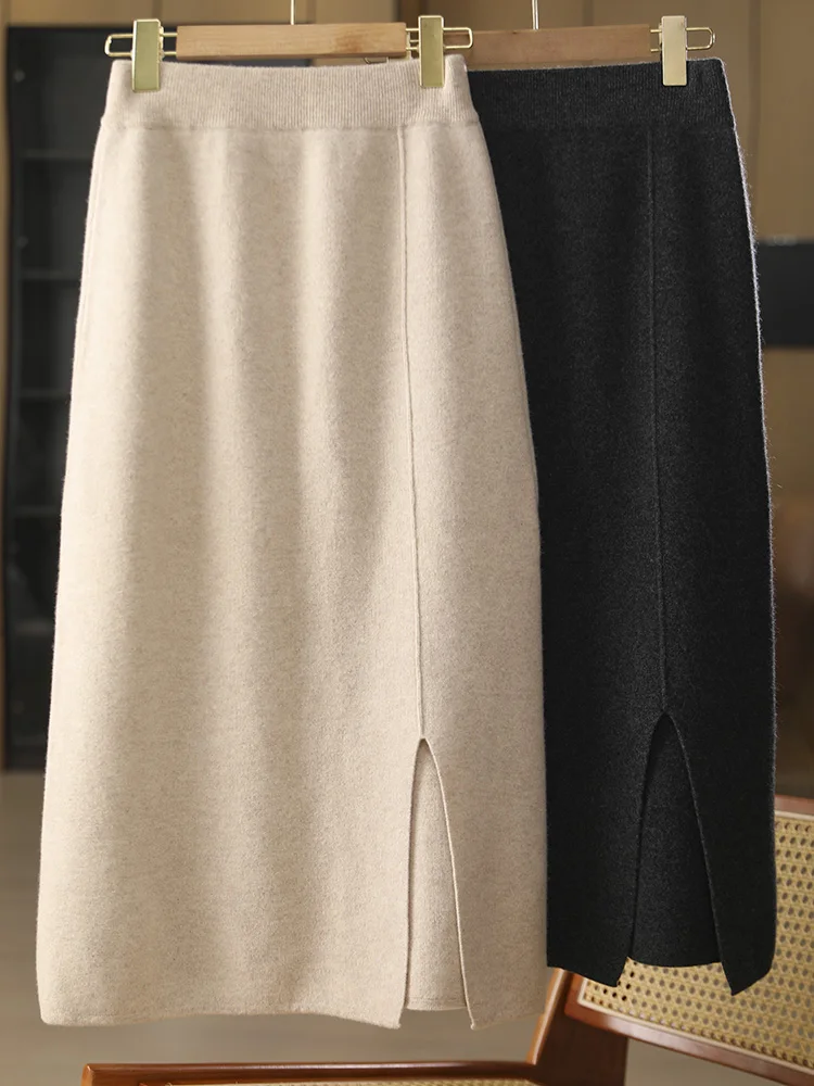 Quality New Women Wool A Line Skirt Autumn Winter Office Lady Split Bottom Skirt 100% Merino Wool Elastic Waist Popular Skirt