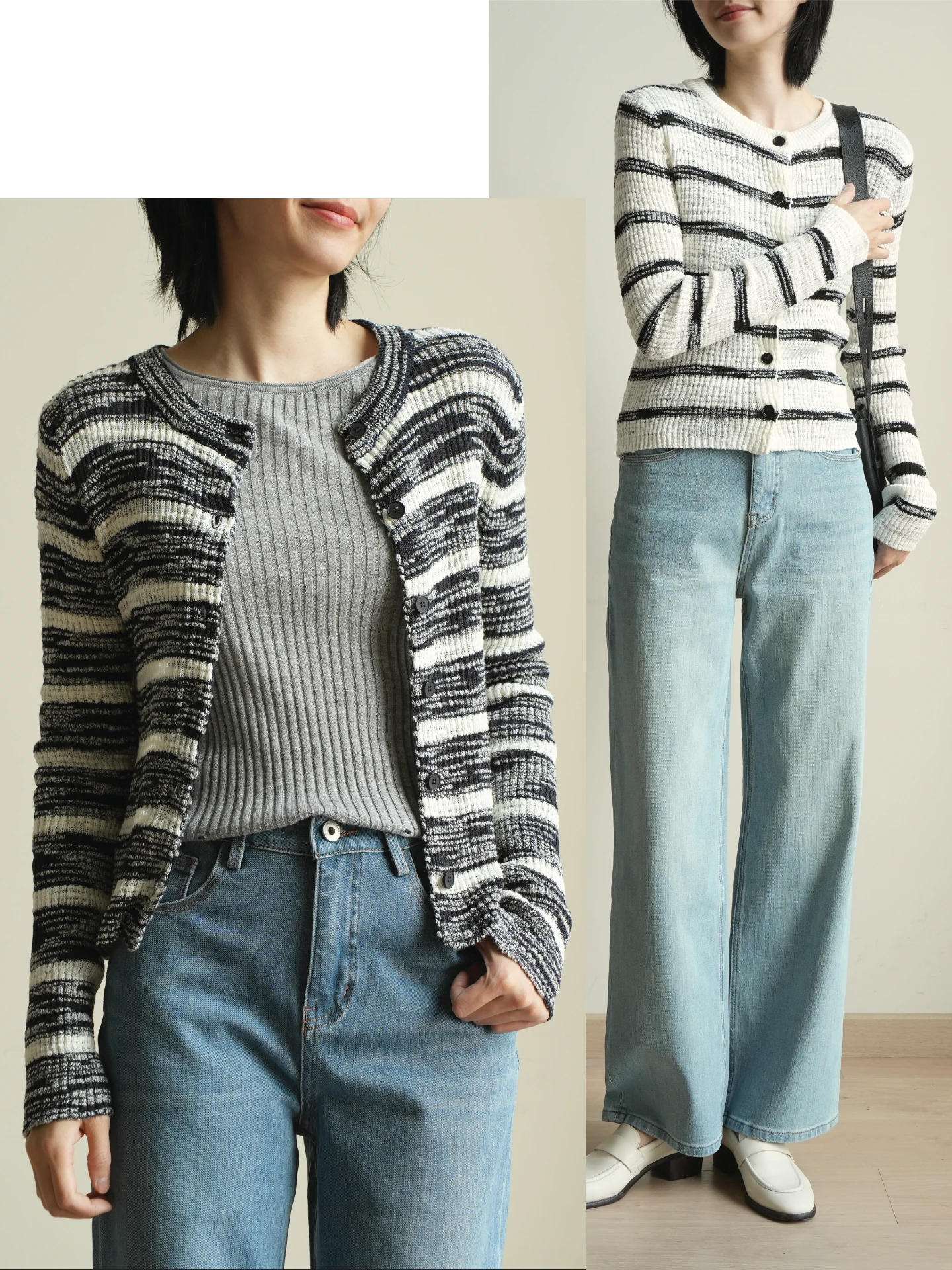 

Женский хлопковый вязаный кардиган с круглым вырезом, текстурной вязкой, весенний, в черно-белую полоску, с цветовыми блоками, повседневный, прямого кроя