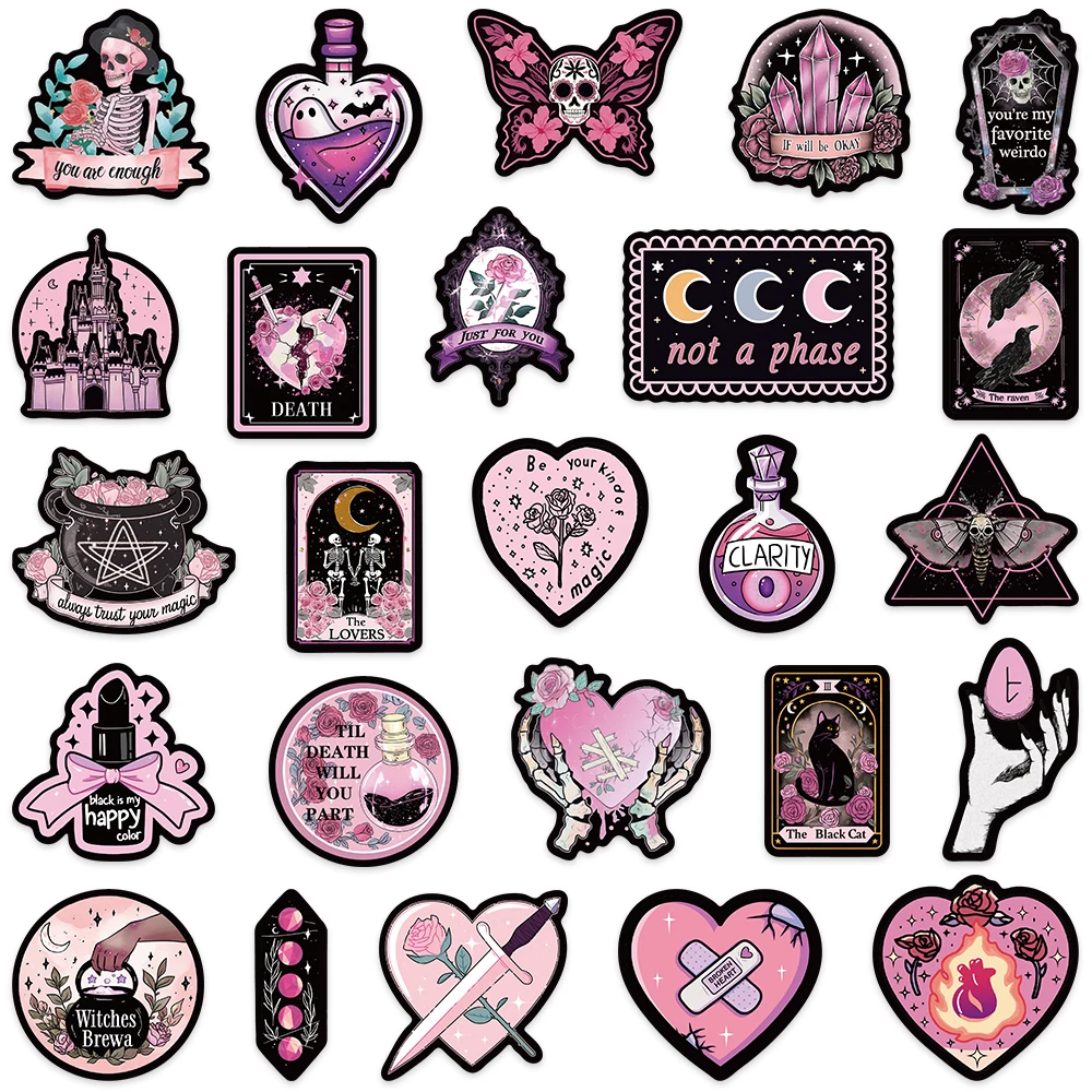 50pcs Aesthetic Cute Cartoon Skull Moth Heart Spooky Horror Stickers Pink Black Gothic Darkness Stickers Laptop Decals