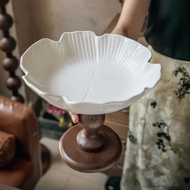 Vintage High-legged Fruit Platter, Retro Wooden Fruit Platters, Ceramic Snack Platter Tray for Mid-Autumn Festival Gifts