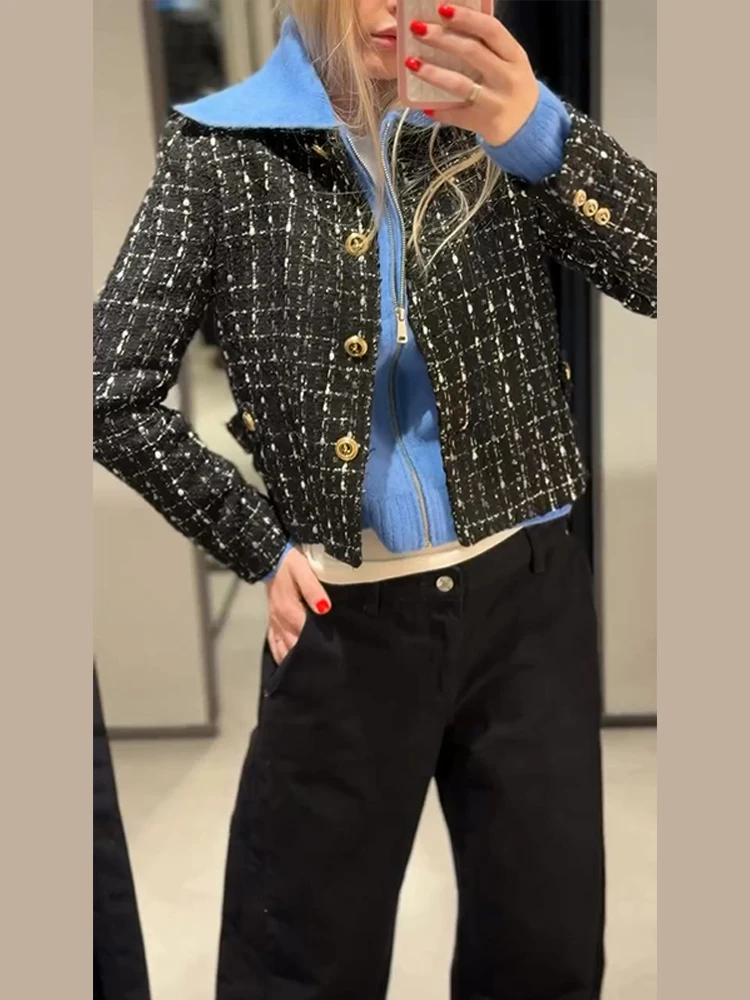 

Vintage Stand Collar Tweed Jacket Women Elegant Single Breasted Slim Short Jackets Coats Lady 2026 Spring Classic Street Outwear