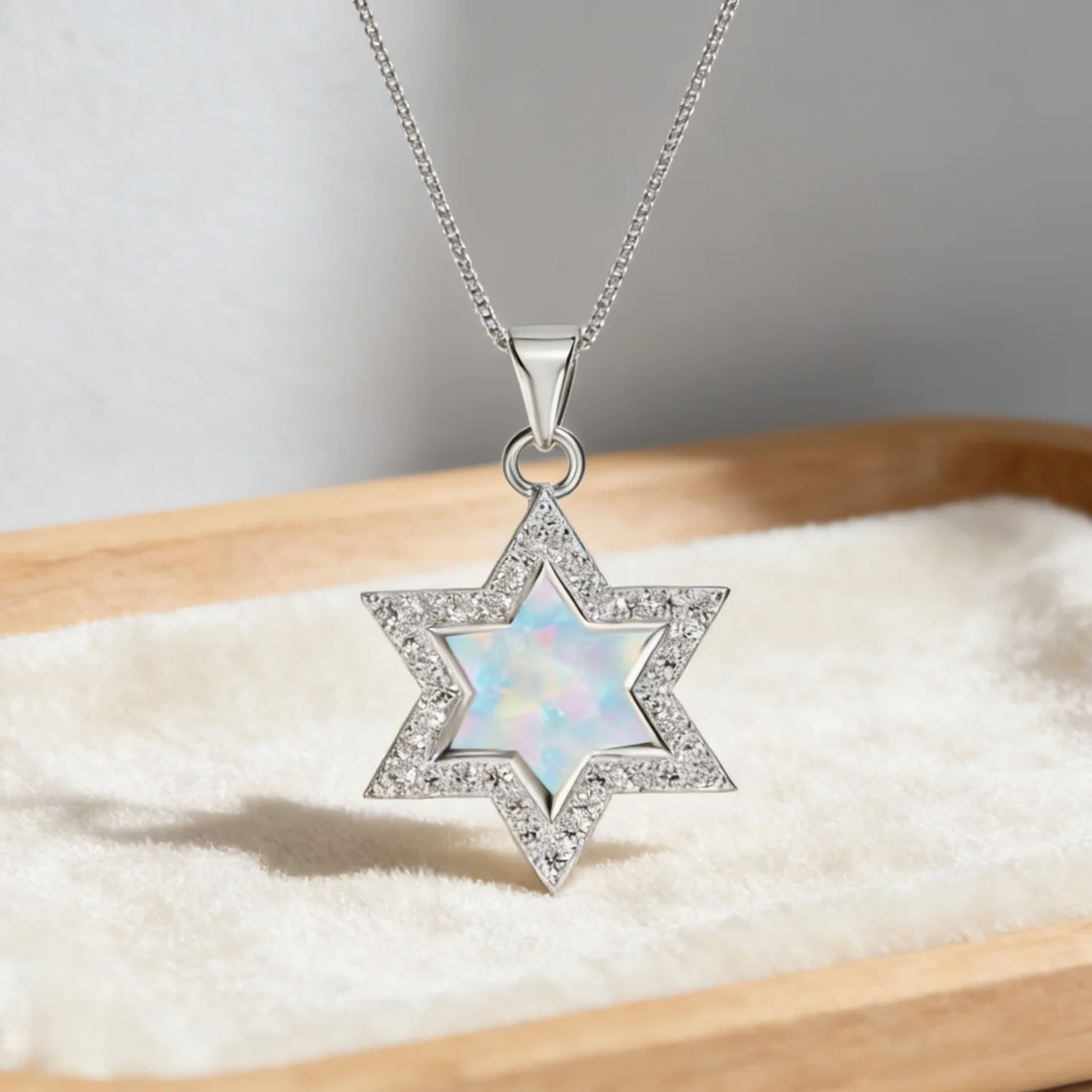 قلادة نجمة داود، قلادة أنيقة بسيطة مع أوبال أزرق و تشيكوسلوفاكيا، هدية مجوهرات فريدة للنساء، مجوهرات يهودية فضية اللون