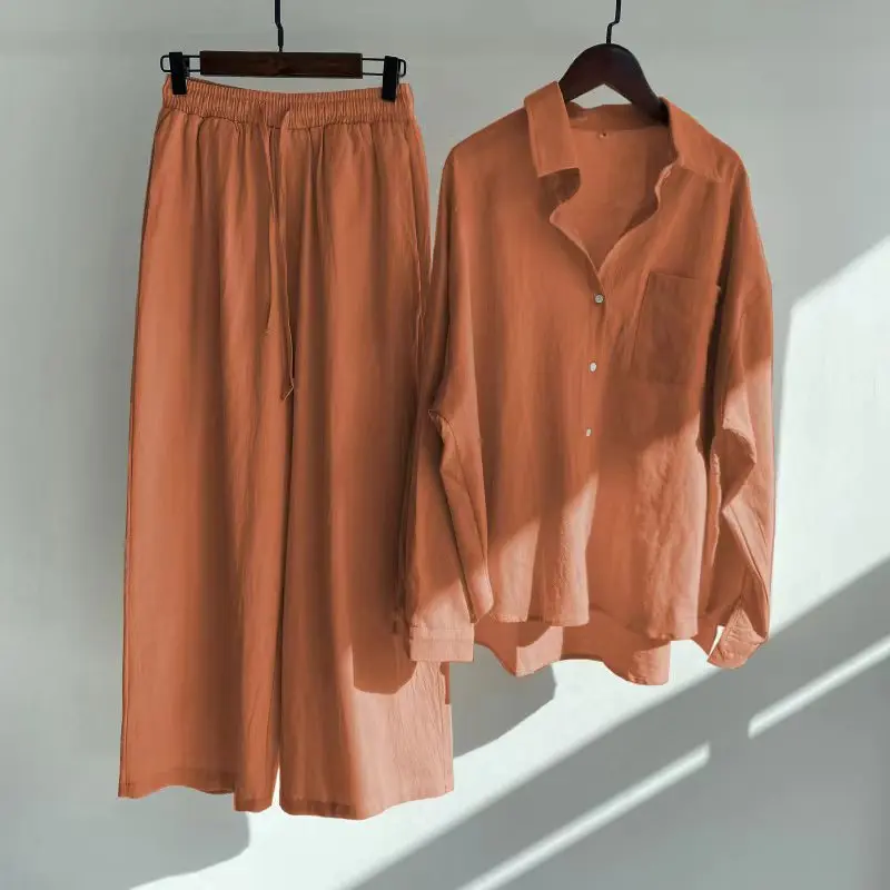 Summer Women Cotton Linen Casual Solid Multi Color Shirt Set Loose Pocket Blouse Top And Drawstring Wide Leg Pants OL's Homewear