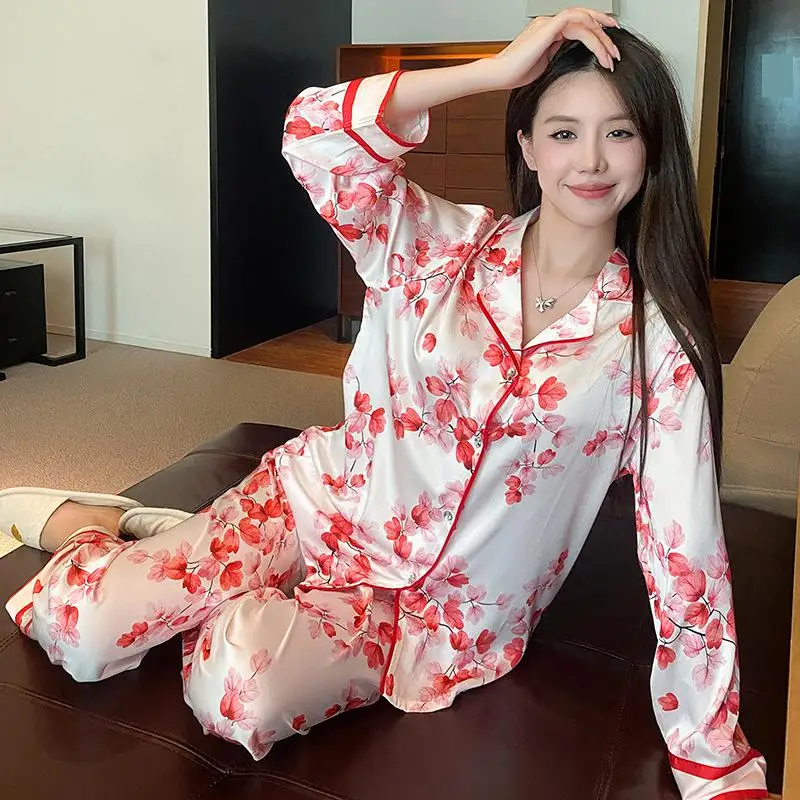 Spring Elastic Waist Pijamas Home Wear Pajamas Set Women Long Sleeve Shirt Trouser Suit Casual Print Sleepwear Loungewear