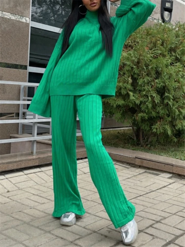 

Autumn Winter Warm 2 Pieces Women's Sets 2022 New Knitted Tracksuit O-Neck Sweater and Loose Wide Leg Pants Pullover Suits