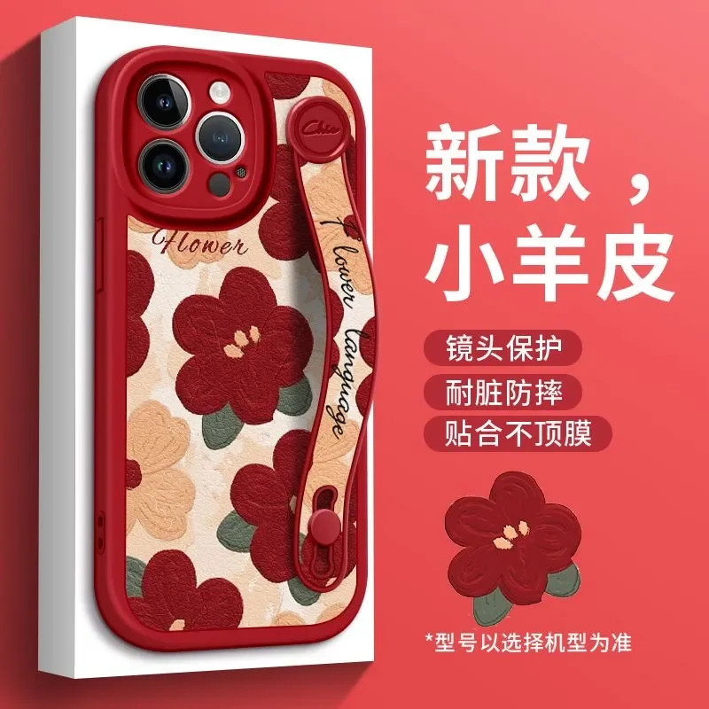 

Flower Wrist Strap Phone Case for iPhone 16 17 pro 15 14 13 12 11 Pro Max Case Floral Cute Soft Wristband Cover