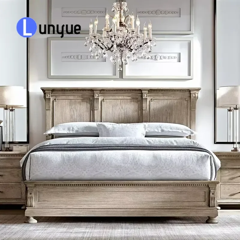 St. James American Oak Solid Wood Bed King Queen Size Durable French Luxury Bedroom Furniture High Quality Platform Bed Frame
