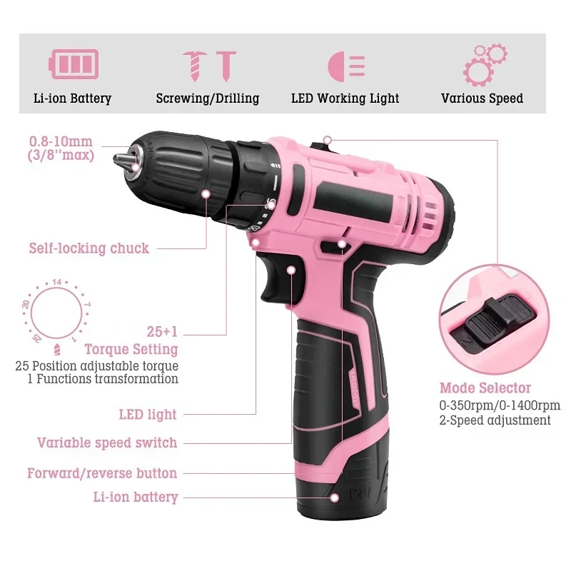 12V Cordless Electric Drill Electric Screwdriver Hammer Drill Household Wood Impact Drill Lithium Battery Wireless Power Tools