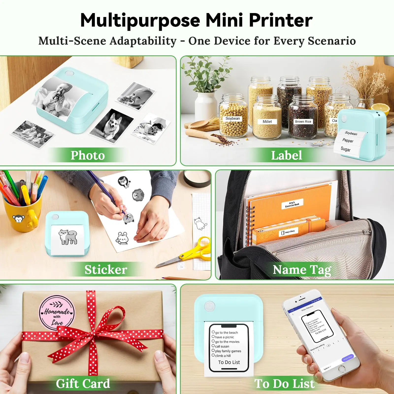 Mini Sticker Printer Label 53x28mm Continuous Thermal Paper for Miouca Thermal Label Printer, White Adhesive Sticker