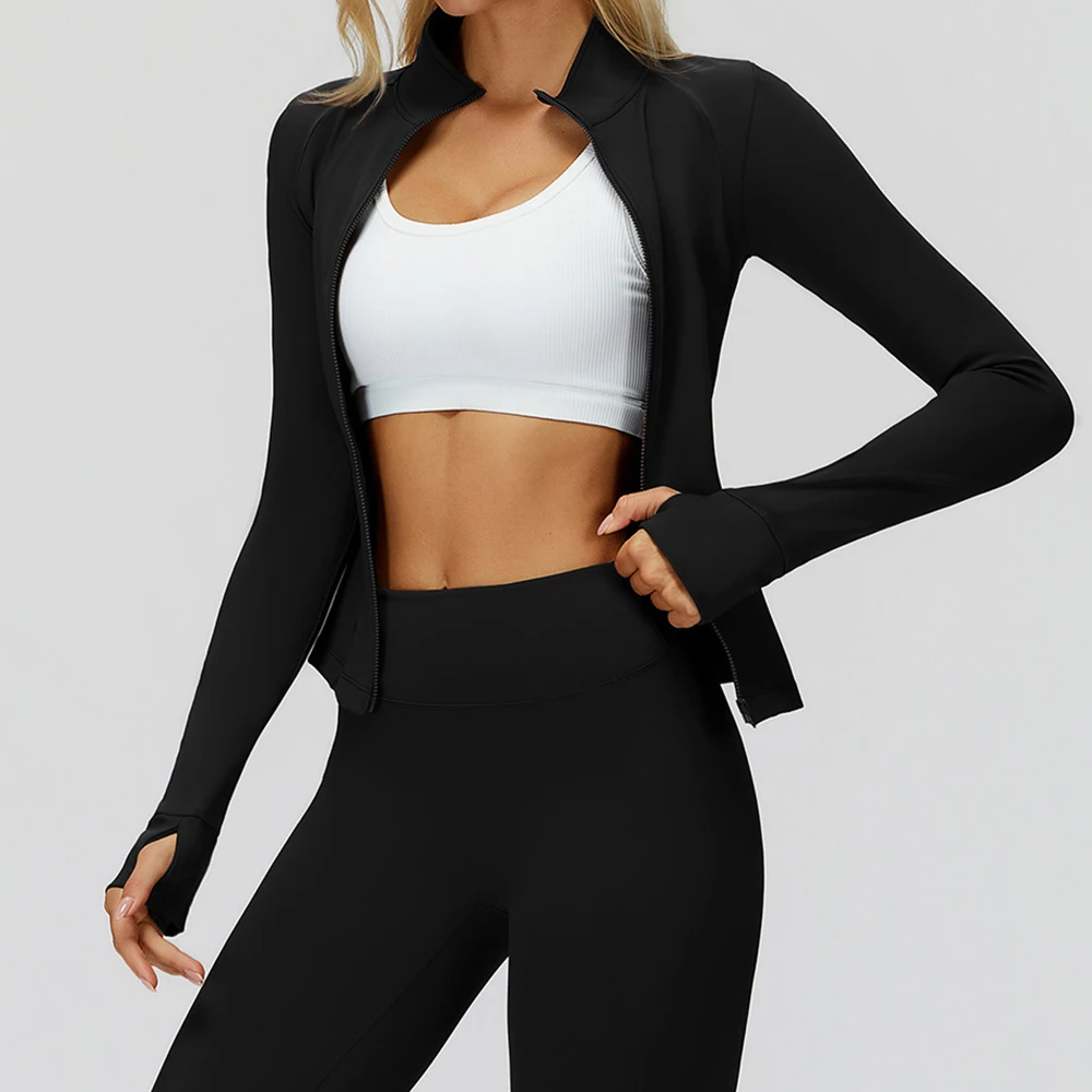 Chaqueta con cuello levantado para mujer, chaqueta deportiva para correr, Top grueso para deportes al aire libre, ropa de Yoga ajustada de manga larga, cárdigan con cremallera