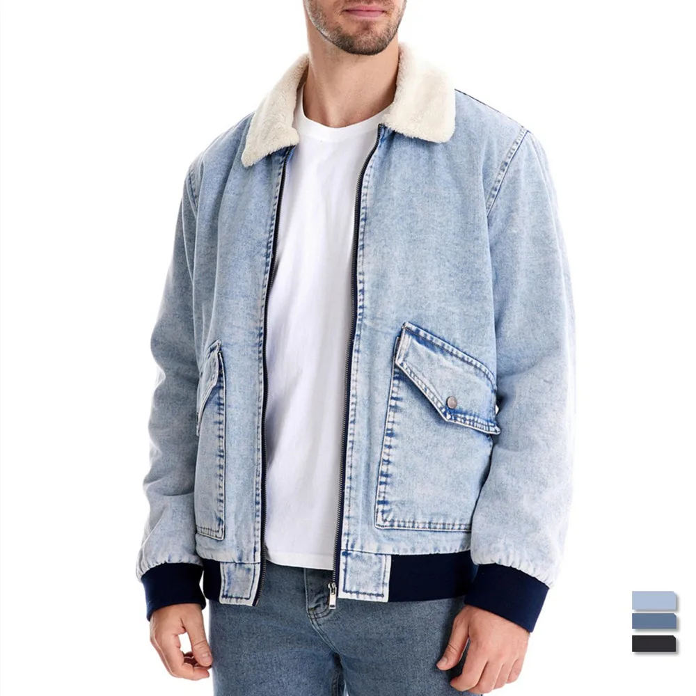 Autumn Winter Fleece Washed Denim Jacket Men's Thick Casual Outerwear