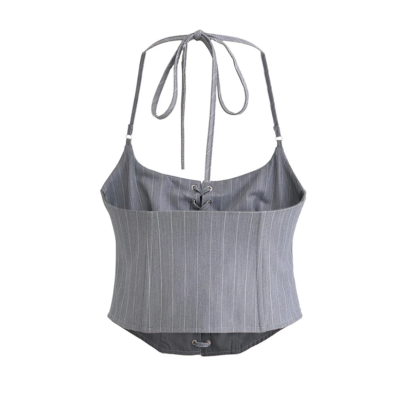 YENKYE Y2K Women Front Lace Up Bandage Striped Halter Top Lady Gray Summer Chic Crop Top Sexy