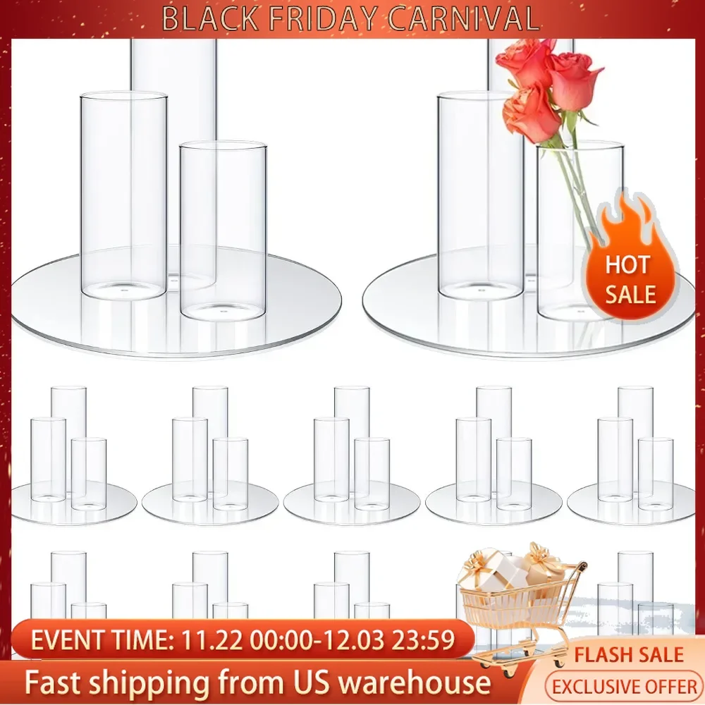 Round Glass Mirror Trays 12 Pcs 10'' and 36 Pcs Different Height Glass Cylinder Vases Wedding Table Flower Vase Party,Room Decor