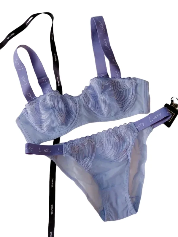

KUCLUTFrench Lucky Blue Lace Bra & Panty Set - Sheer Half Cup Bralette, Ultra Thin Sexy Lingerie for Women, Romantic Underwear