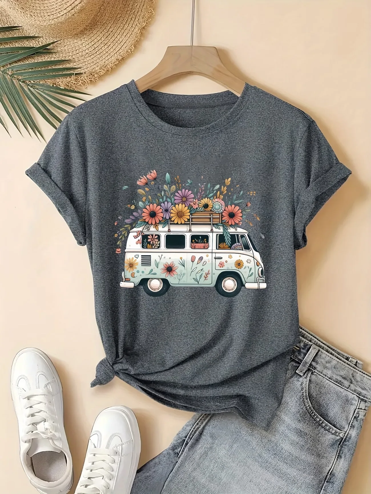 Women's Boho Floral Van Graphic T-Shirt, Retro Hippie Camper Bus Wildflower Tee