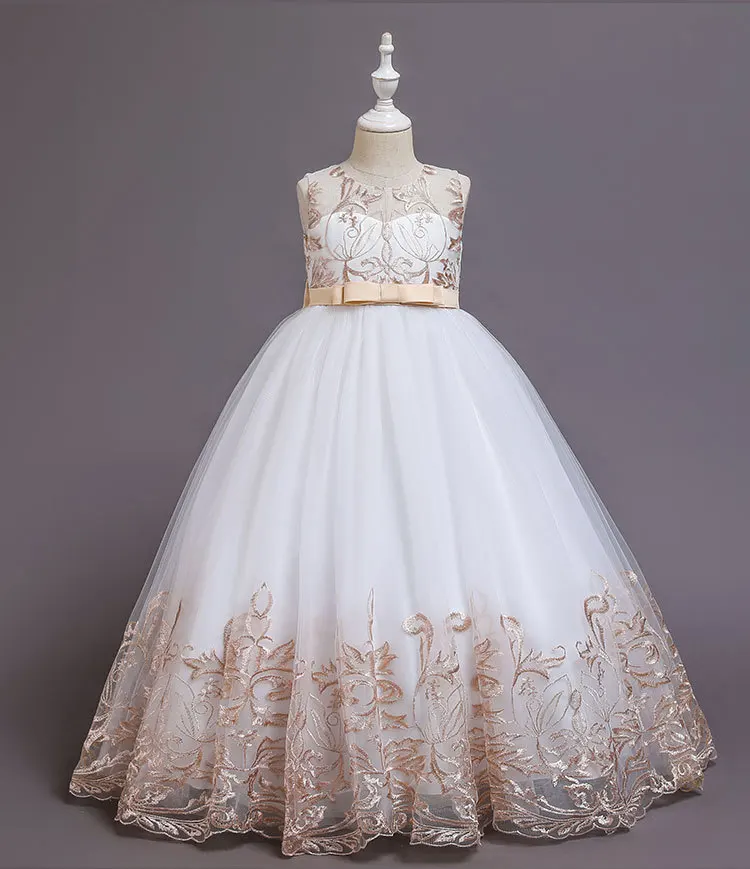 Teenager Girls Embroidered Flowers Princess Party Long Dress Children Kids Elegant Christmas Wedding Vestido Clothing