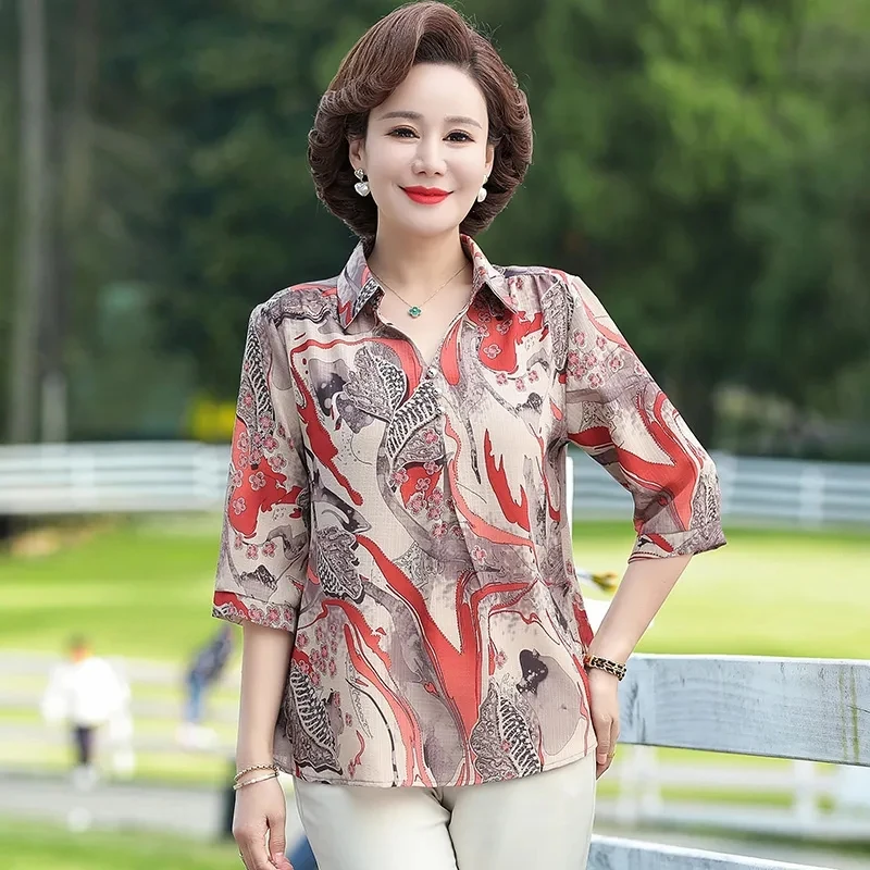 Middle Aged Mother Summer Shirts Korean Loose Half Sleeve Lapel Collar Women Blouse Large Size Print Female Outfit Pant Sets 5XL