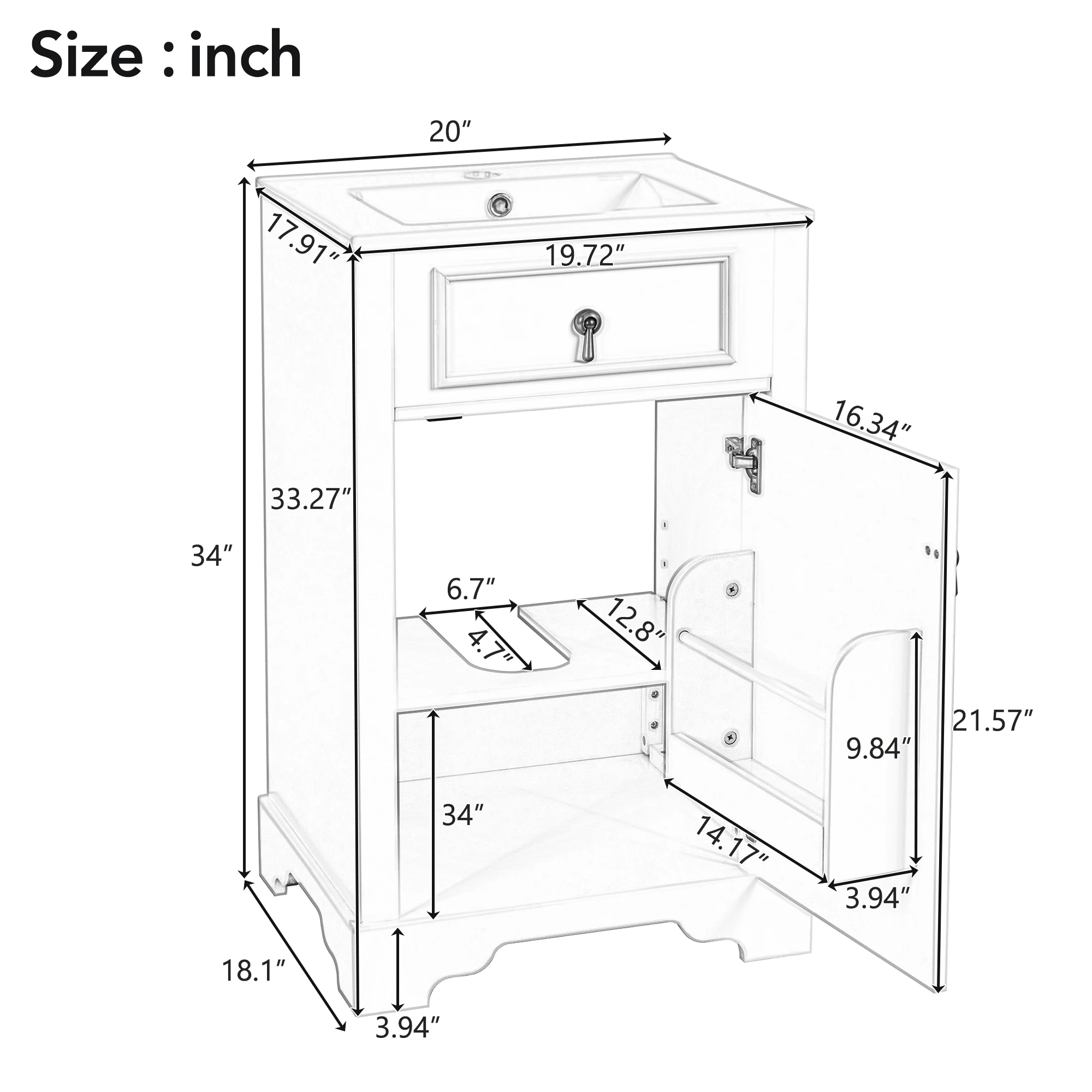 20-Inch Bathroom Vanity with Ceramic Sink, Soft Close Door, Adjustable Shelf, and Door-Mounted Storage Rack - Ideal for Small Ba