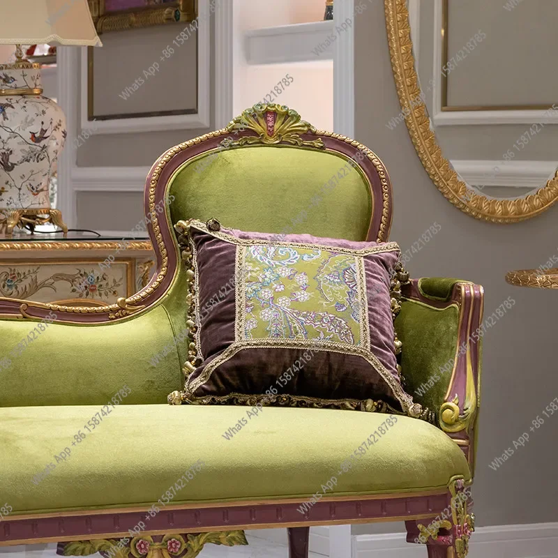 Xx Luxury French Small Apartment Living Room Solid Wood Chaise Longue Villa Bedroom Green Purple Contrasting Sofa Chaise Longue