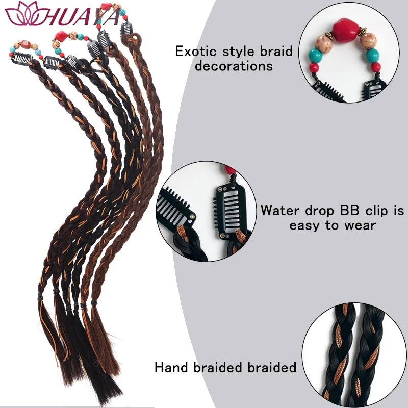 Synthetic Fibers Clip On Thin Braids Hair Pieces Bohemian Color Beads Braided Hair Extensions For Women Holiday Cosplay