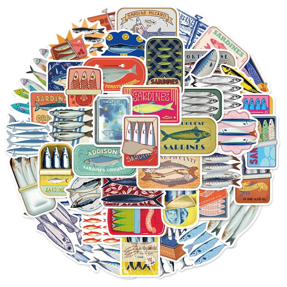 50PCS Sardine Marine Animal Creative Sticker DIY Handmade Material Mobile Phone Case Laptop Luggage Decorative Sticker