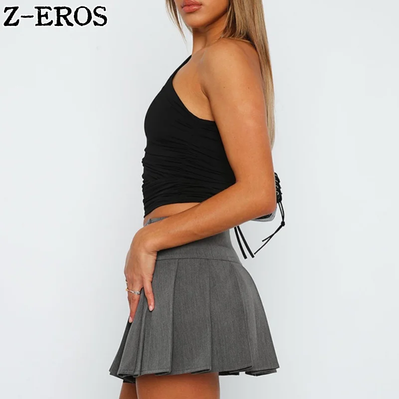 Z-EROS Solid Color Single Shoulder Backless Sleeveless Pleated Vest Top T-Shirt Women's Diagonal Collar Exposed Navel Pullover