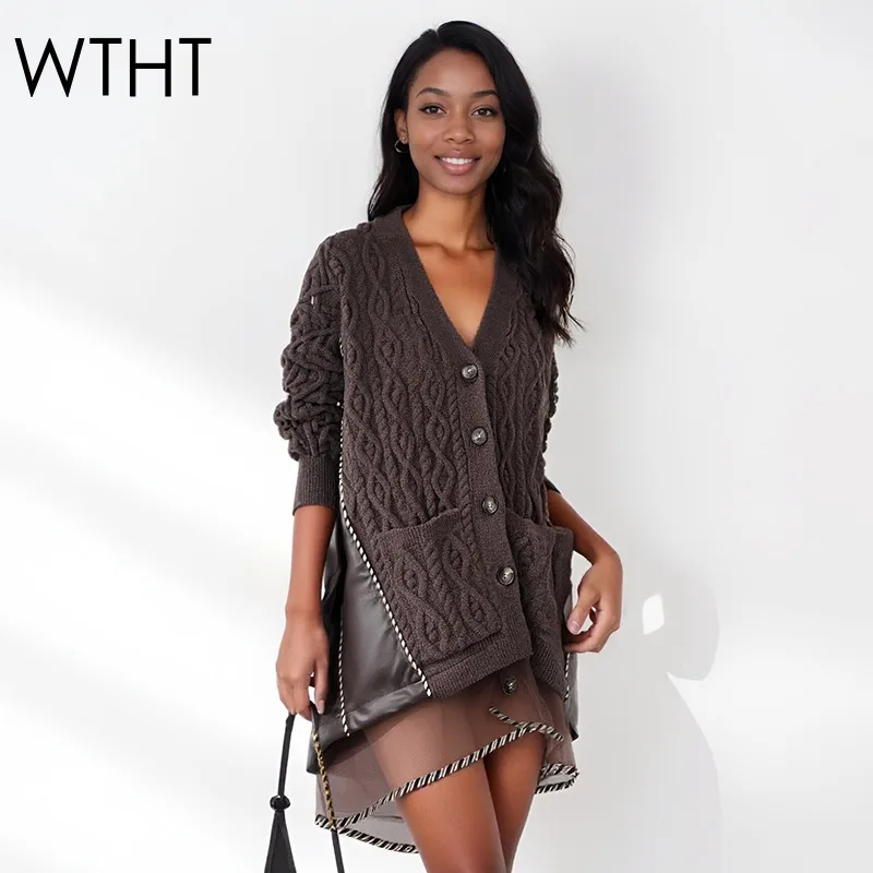 

WTHT Trendy New Women's Spliced PU Leather V-neck Knit Cardigan 2025 Winter Fashion Long Sleeve Loose Sweater Female 1LS2688