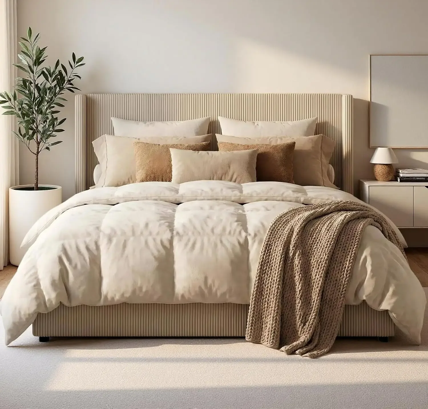 King Size Bed Frame with Storage Drawers, Corduroy Upholstered Platform Bedframe with Wingback, Headboard and Footboard, No