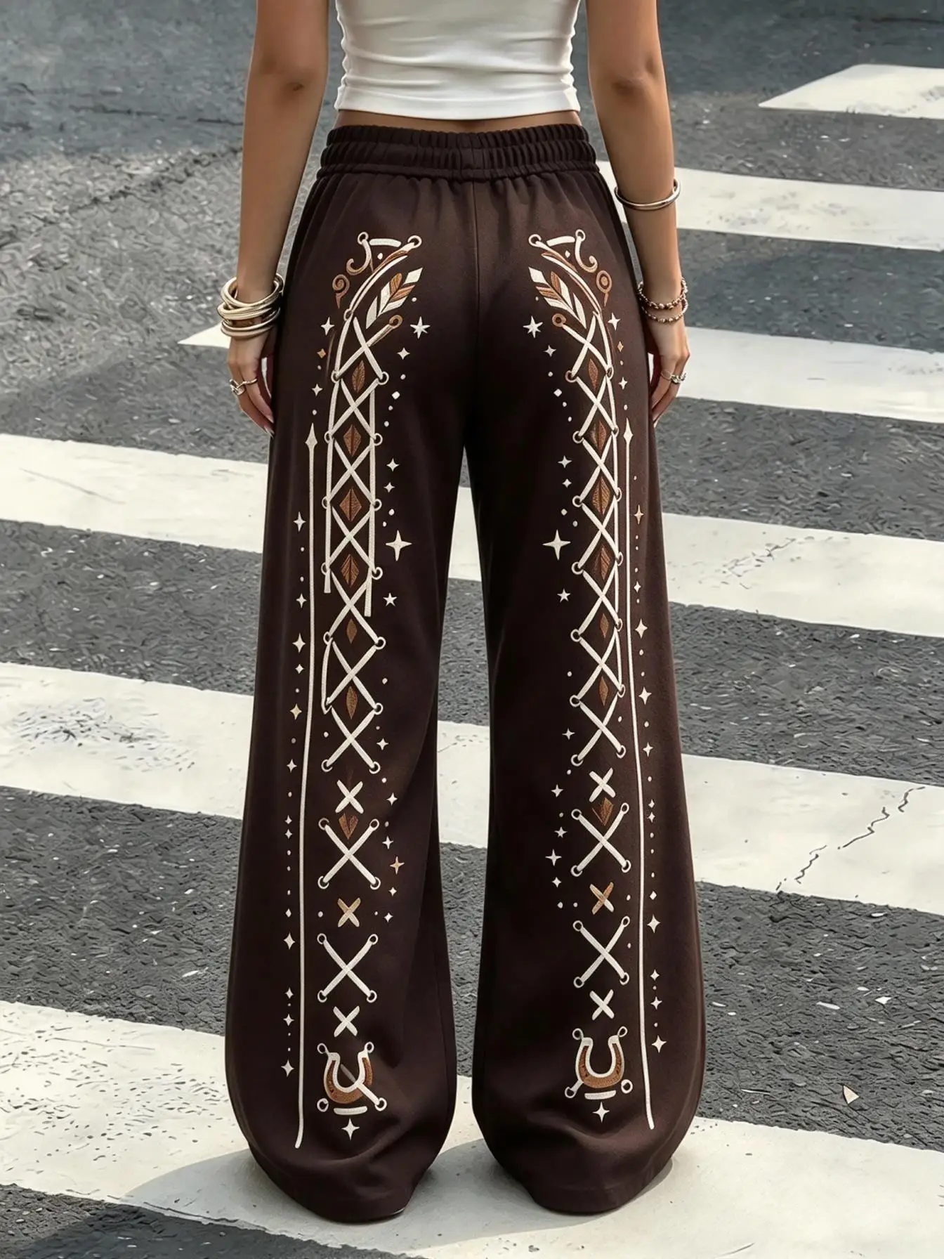 Women Gothic Sword Rose Print Wide Leg Pants Drawstring Elastic Waist Casual Trousers
