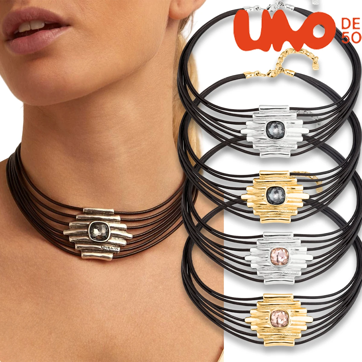 

UNODE50 necklace European handmade crystal multi-layer cowhide rope necklace with high-end design and temperament