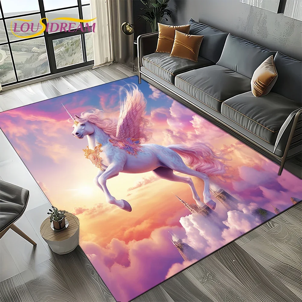 Unicorn Cartoon Cute 3D Dream Girl Carpet Rug for Living Room Bedroom Home Sofa Decoration,Kid Area Rug Non-slip Floor Mat Gift