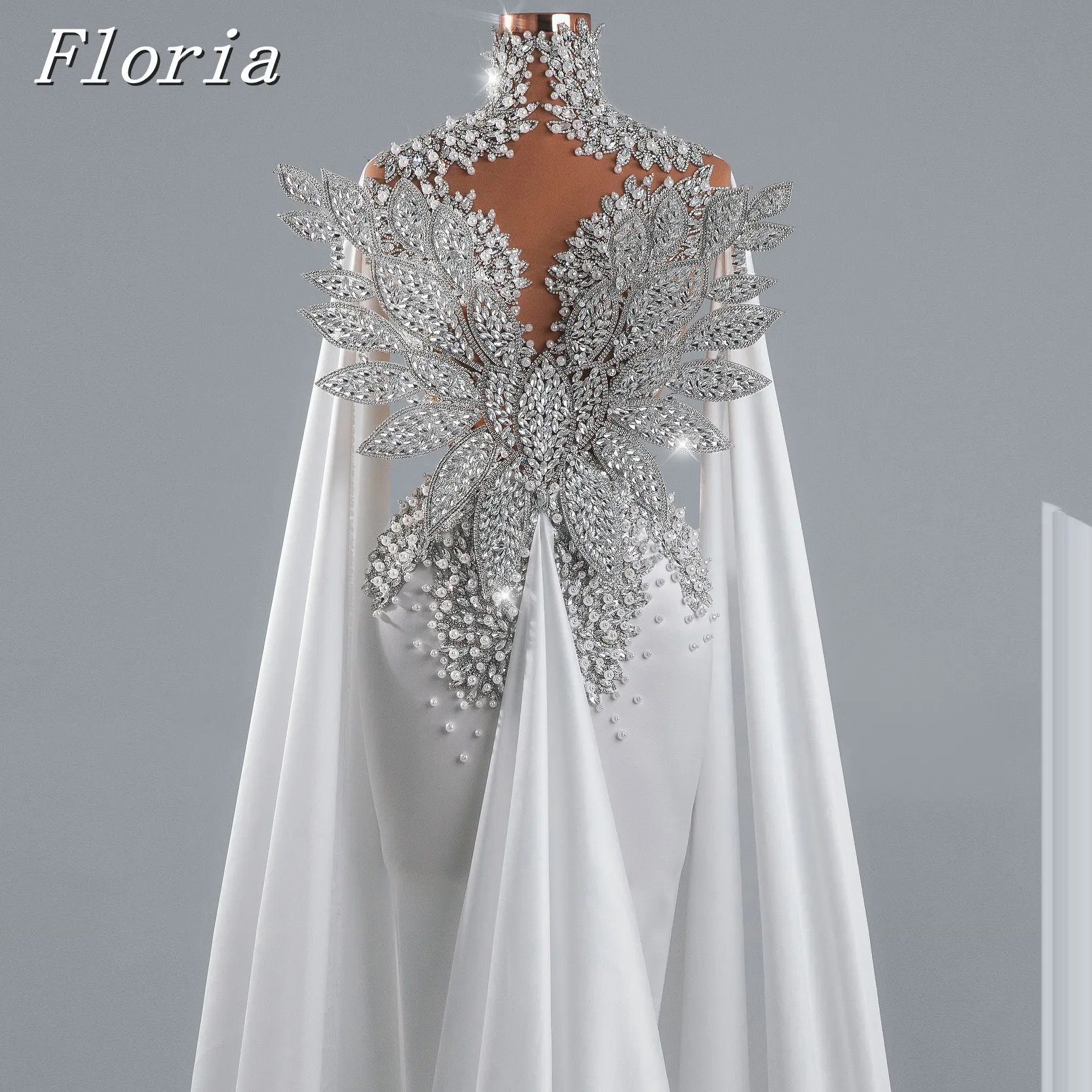 

Long Cape Sleeve Evening Dress Arabic White Second Reception Gowns Customized Prom Dresses فساتين السهرة
