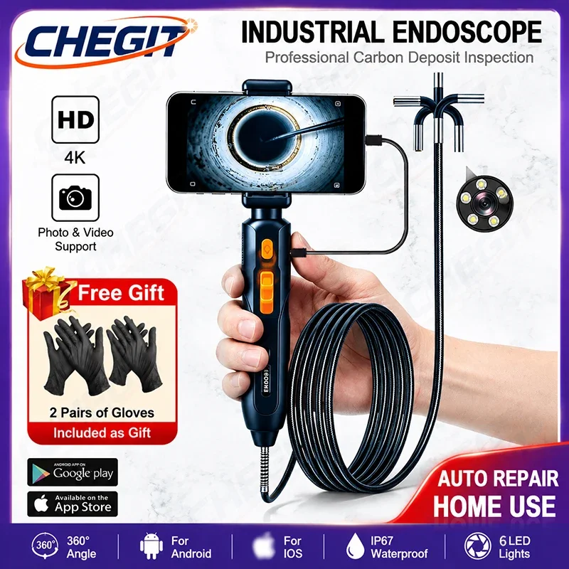 4K UHD Waterproof IP67 Inspection Borescope Camera 360° Articulating Borescope Endoscope Camera For Android/iOS Phone Home Use