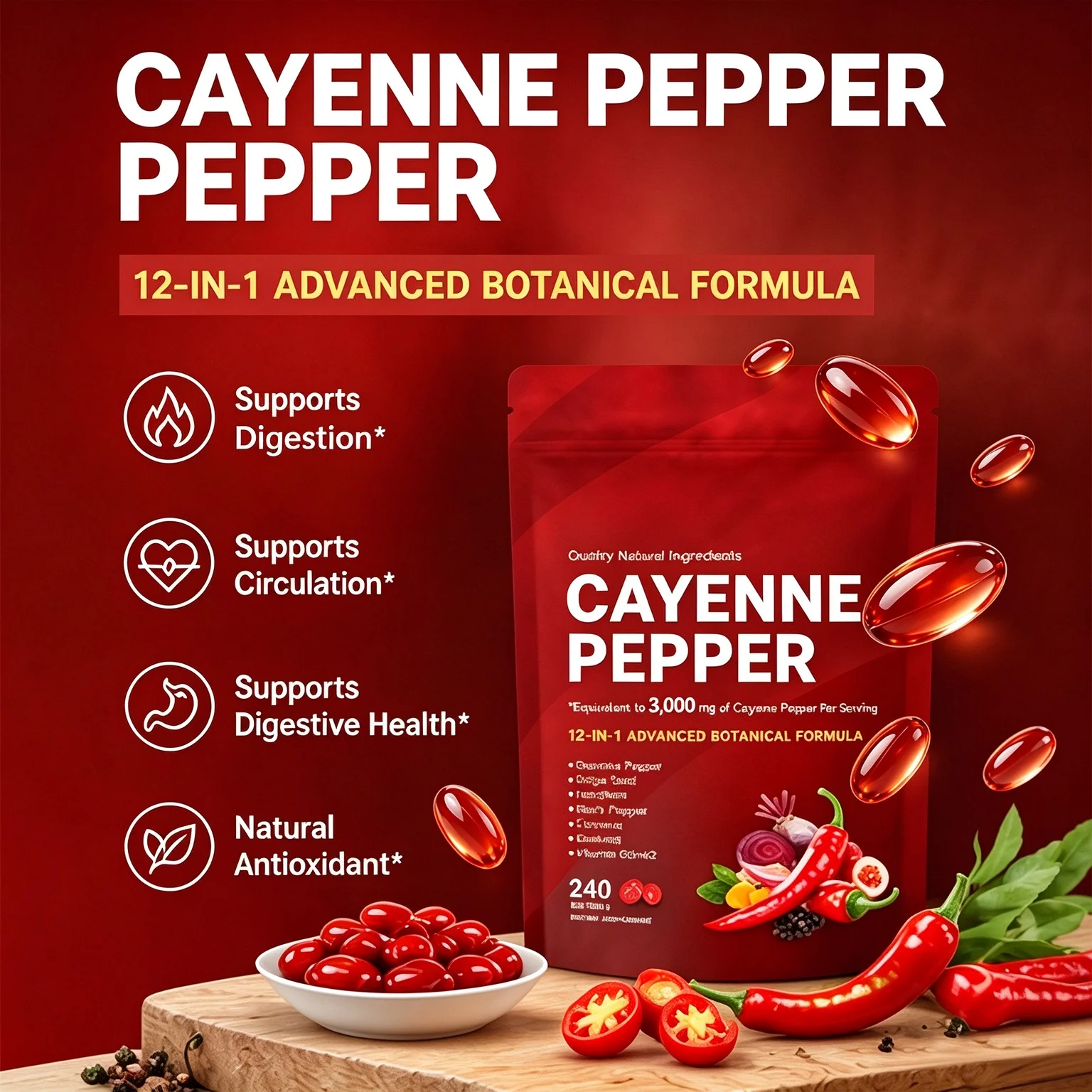 Cayenne Pepper Softgels 12 in 1 Herbal Formula Blend Gluten Free Support Metabolism Circulation Digestive Health 240 Softgels