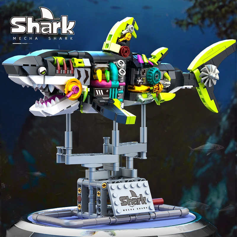 

Mechanical shark building block model LED light effect display table, technological sense, collectible ornaments, assembled toys