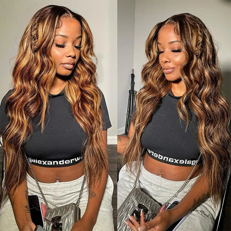 Highlight Colored  Body Wave 13x6 Lace Frontal Human Hair Wigs Honey Blonde 13X4 HD Transparent Lace Front Wig For Women