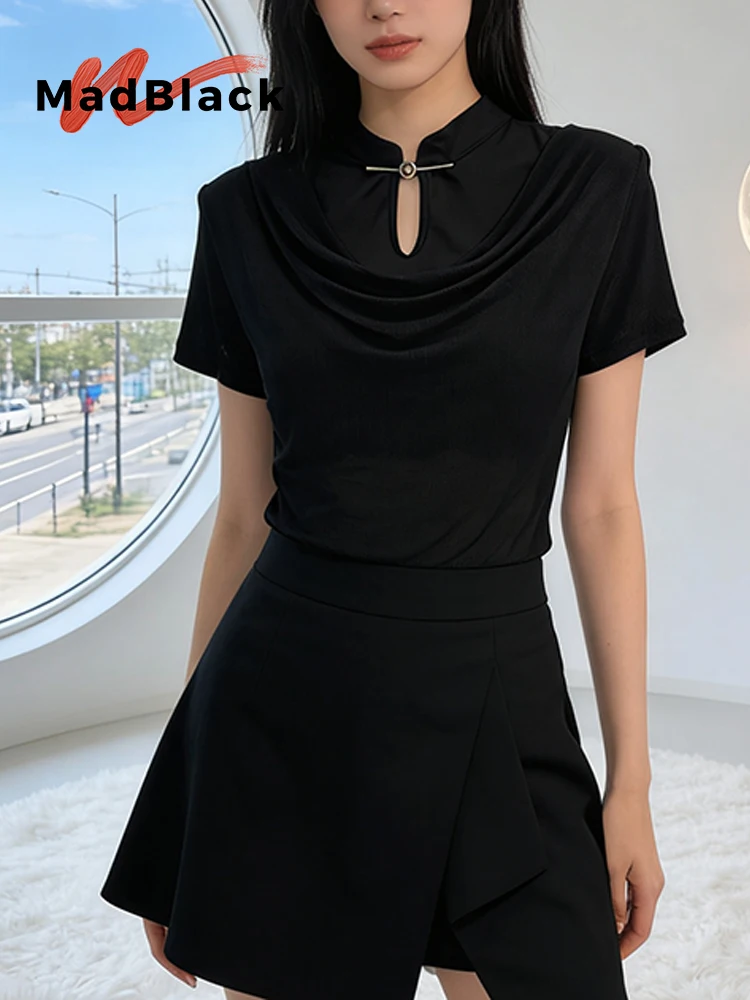 

MadBlack-Women European T-Shirt, Sexy Stand Buttons Hollow-out, Clubwear Short Sleeve Slim S-3XL Tee, 2026 Summer New T63033CC