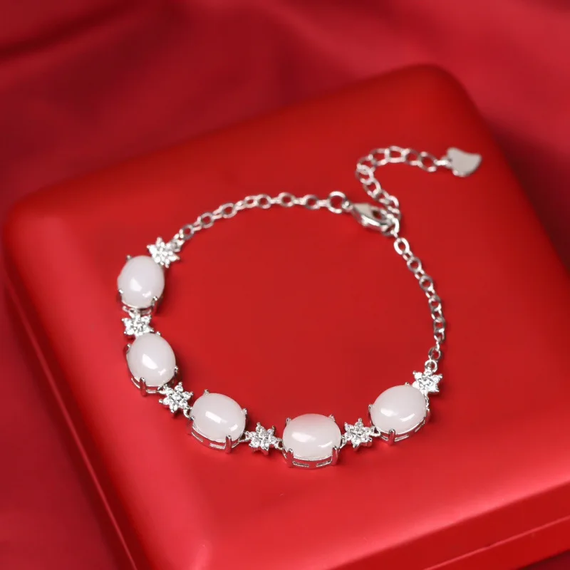 

Sheep Fat White Gold Silk Jade Peace Ring Plain Silver Surface Inlaid Enamel Fashion Bracelet