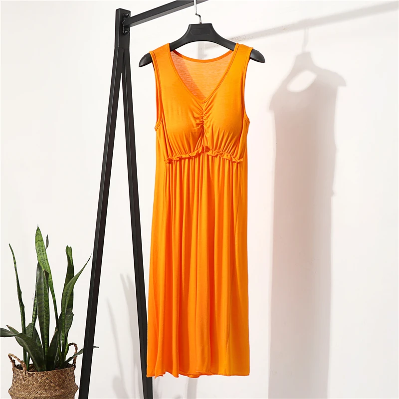 Summer Modal Sleeveless Long Dress Women Nightdress Oversize Elasticity Casual Loose V-neck Camisole Bottoming Dress with Bra