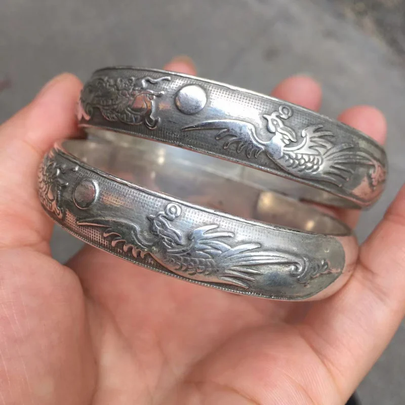 Ethnic Tibetan , Miao silver fortune and longevity bracelet with twelve zodiac signs, carved vintage style