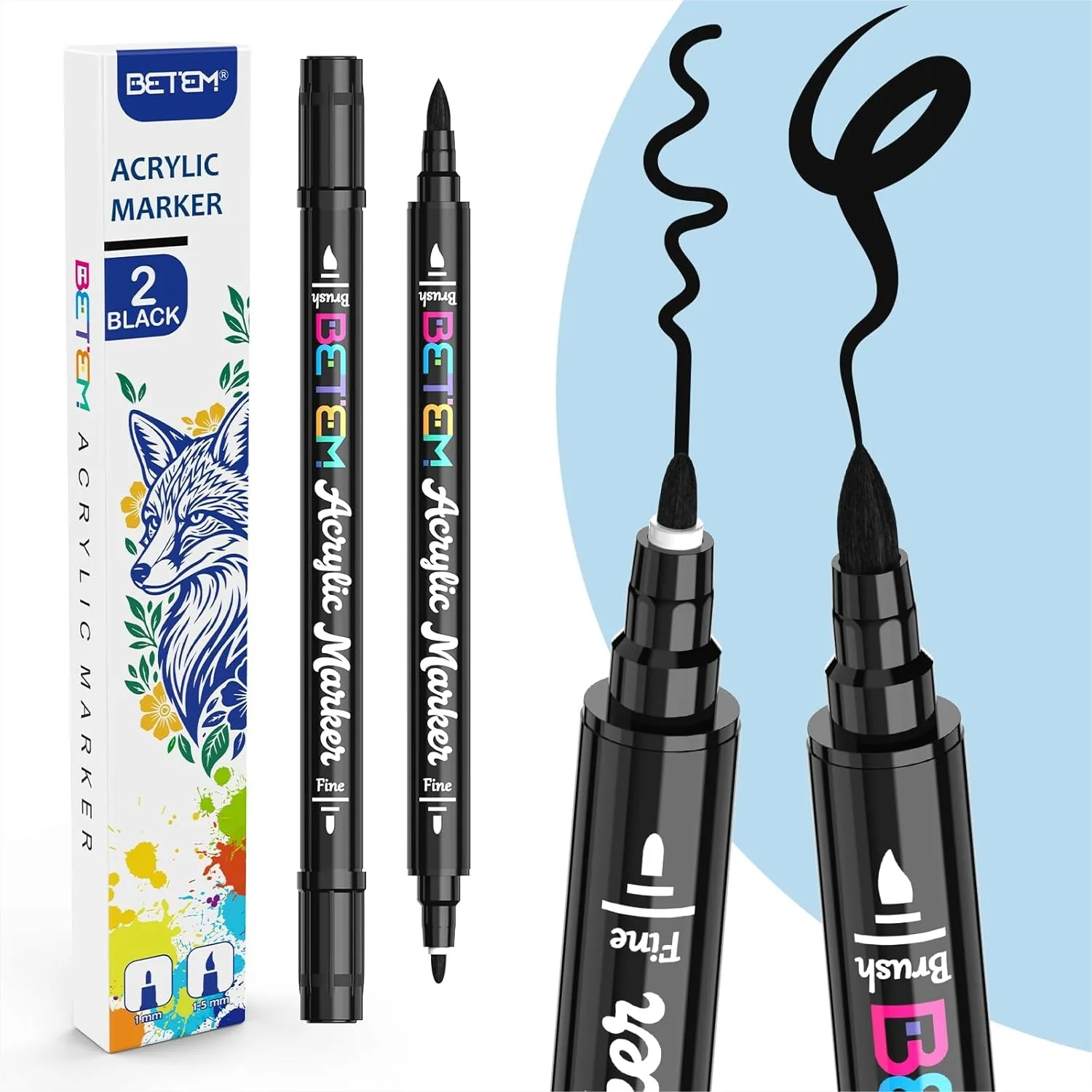 

Dual Tip Acrylic Paint Pens, 2 Black Paint Markers for Glass, Window, Fabric, Wood, Rock, Canvas with Fine & Brush Tip for Art &